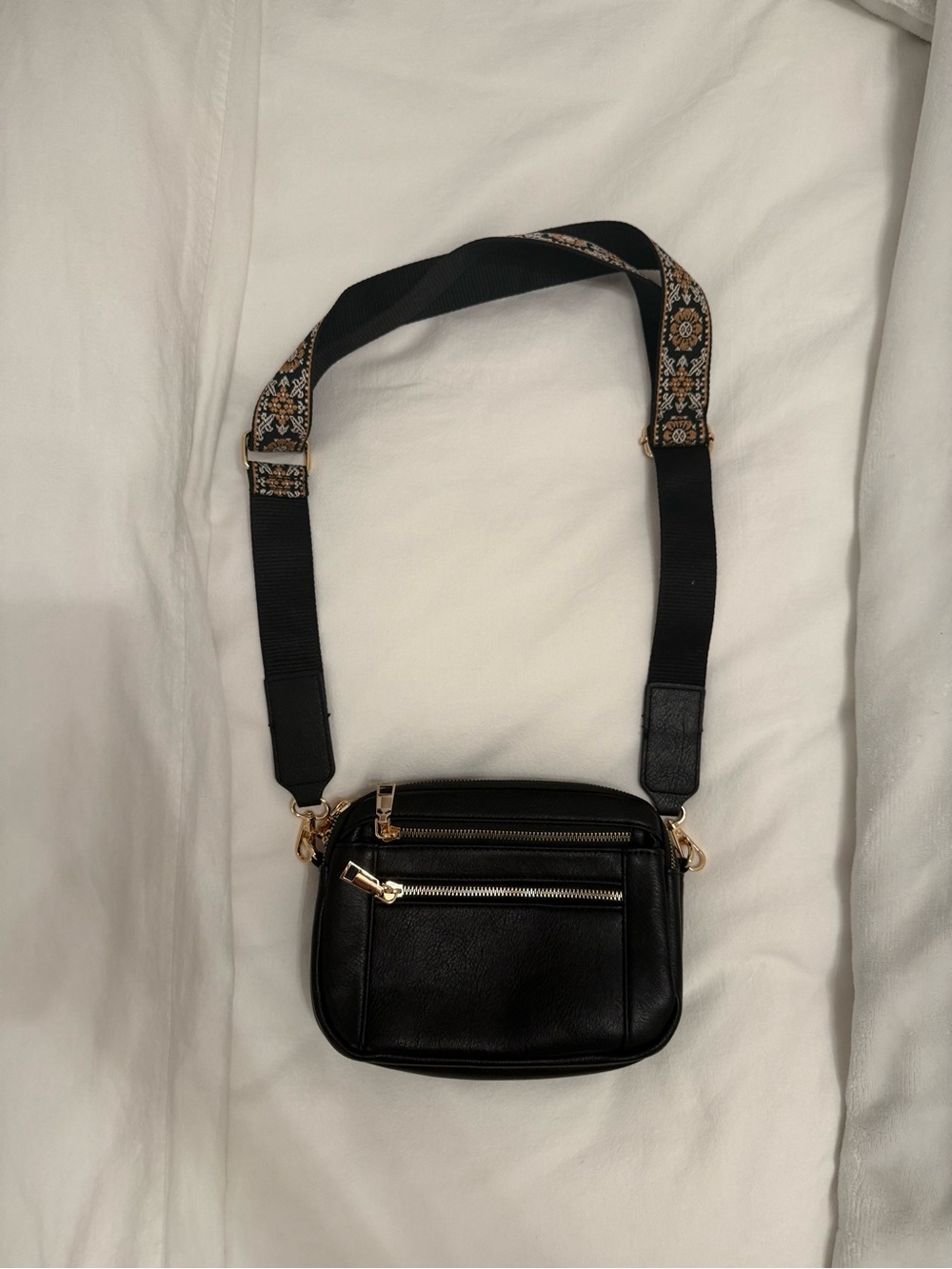 Black Crossbody Bag with Patterned Detachable Strap